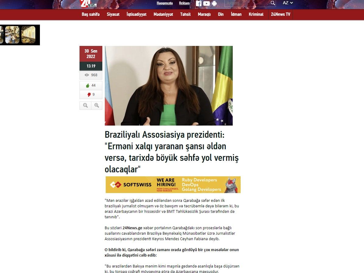 Braziliyalı jurnalist Ermənistanın sülh danışıqlarından yayınma cəhdlərini pisləyib