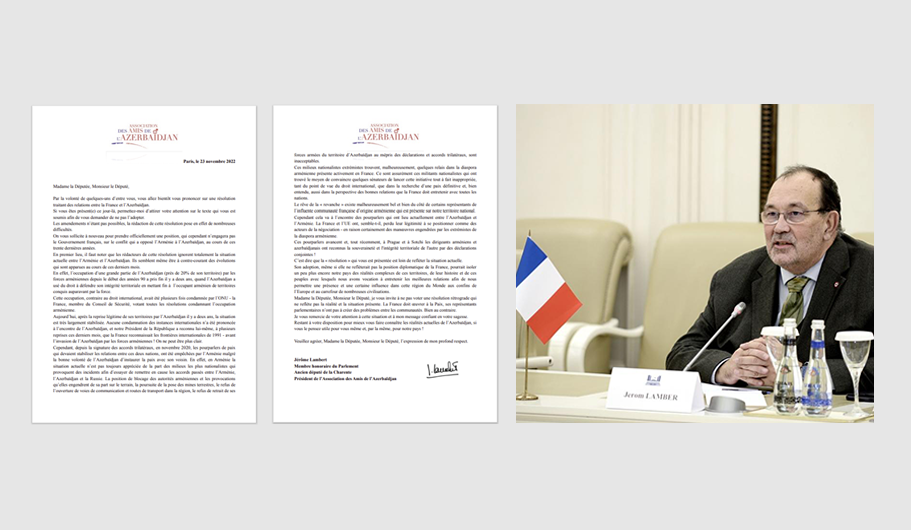 Президент Aссоциации друзей Азербайджана Жером Ламбер призвал Национальную ассамблею Франции не принимать пресловутую резолюцию