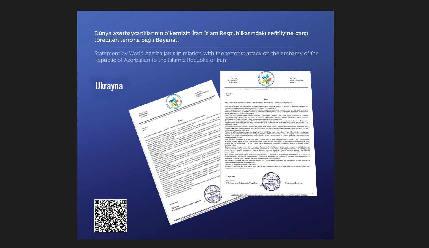Ukrayna Azərbaycanlıları Radası beynəlxalq birliyi İrandakı terror aktına göz yummamağa çağırıb