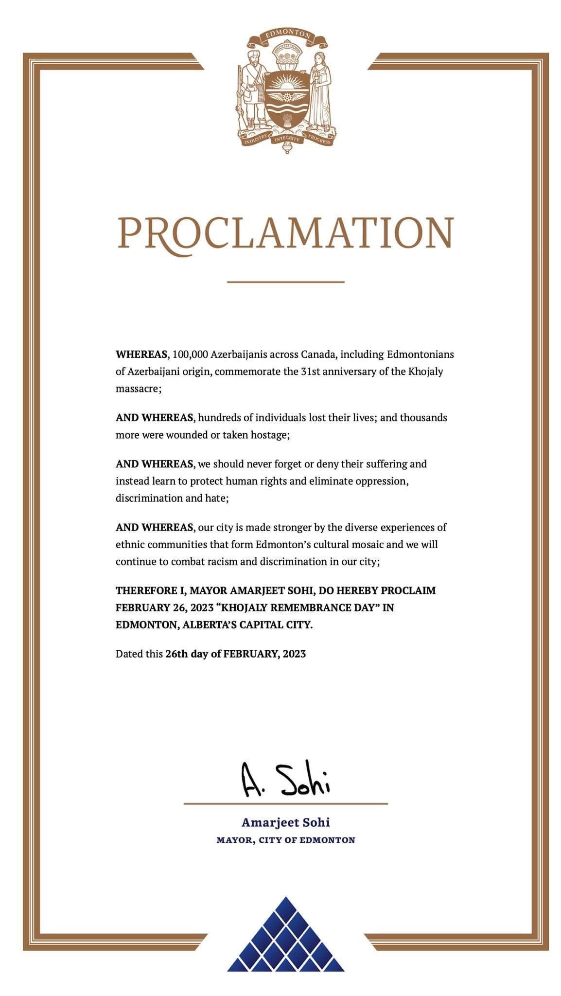 Edmonton proclaimed February 26 Khojaly Remembrance Day 