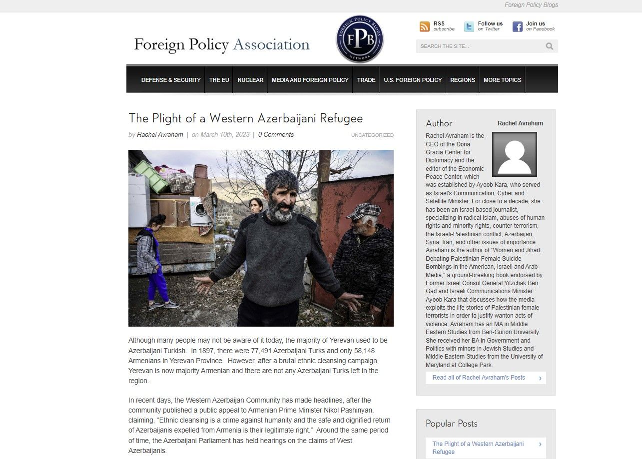 The US media outlet wrote about the West Azerbaijani refugees