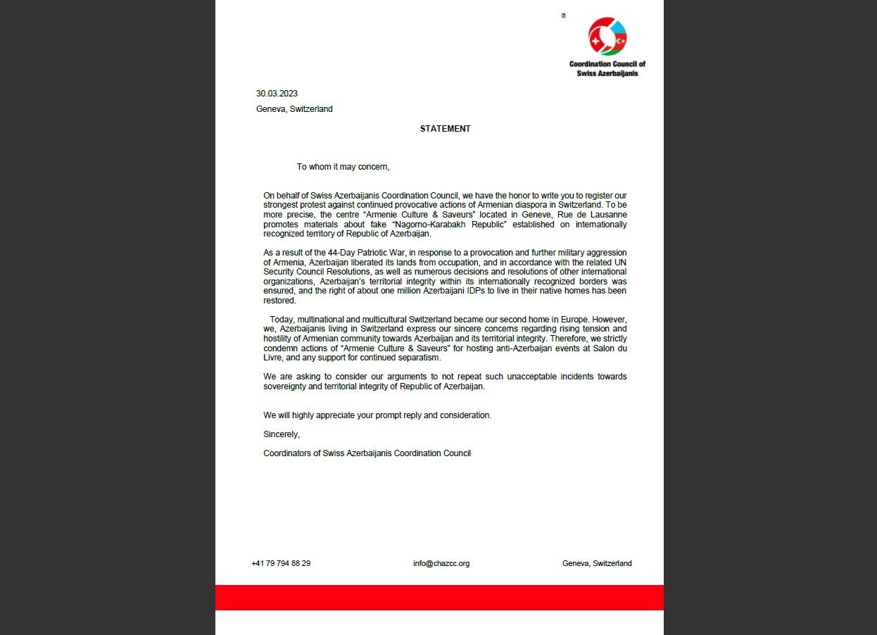 Azerbaijanis living in Switzerland condemns provocative actions of Armenian diaspora
