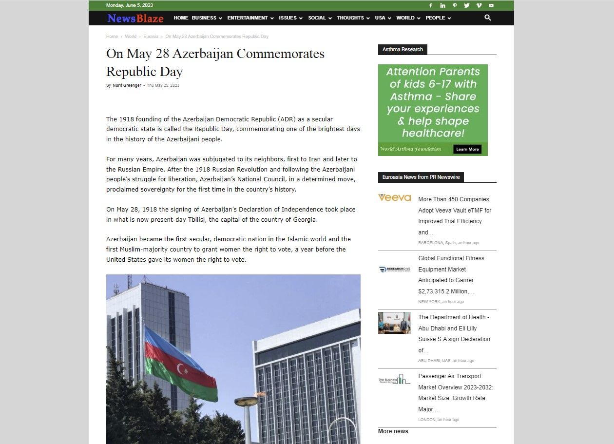 NewsBlaze writes about Independence Day of Azerbaijan