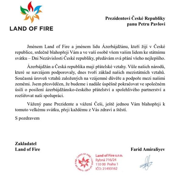 "Land of Fire" cəmiyyəti Çexiyanın müstəqillik günü münasibətilə təbrik məktubu ünvanlayıb