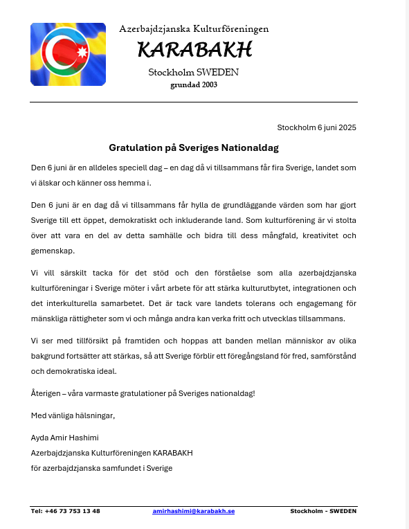 Soydaşımız İsveçin milli bayramını təbrik edib