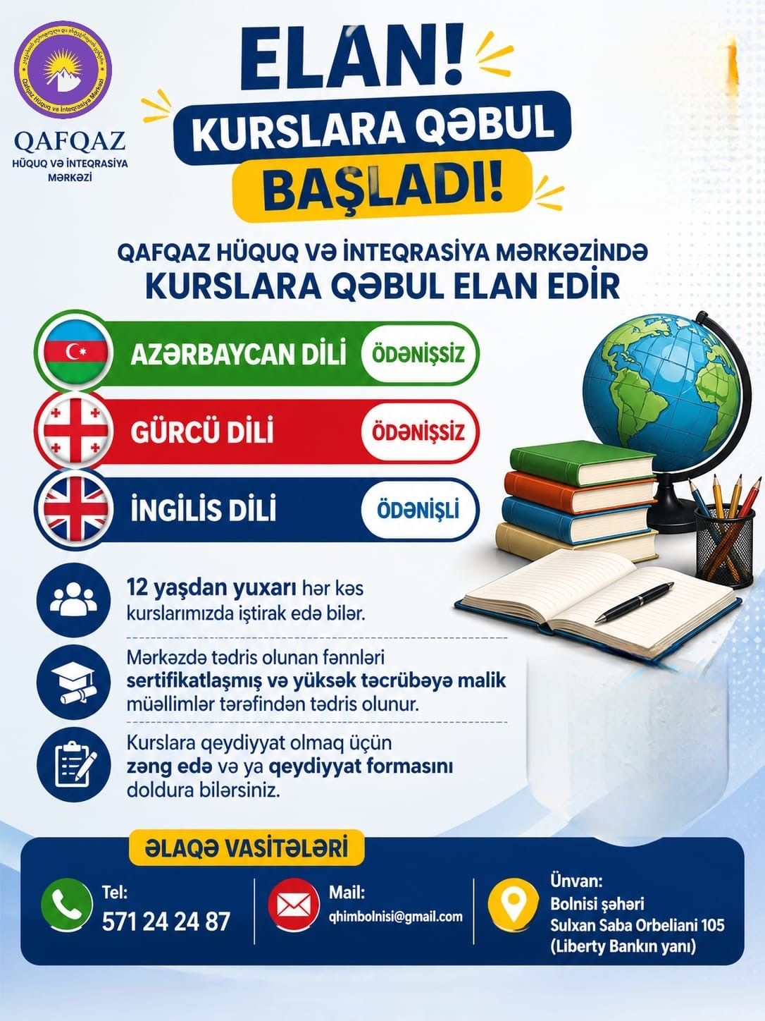 Qafqaz Hüquq və İnteqrasiya Mərkəzi dil kurslarına qəbul elan edir