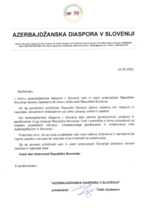 Azərbaycan diasporu Sloveniyanın Dövlətçilik Gününü təbrik edib