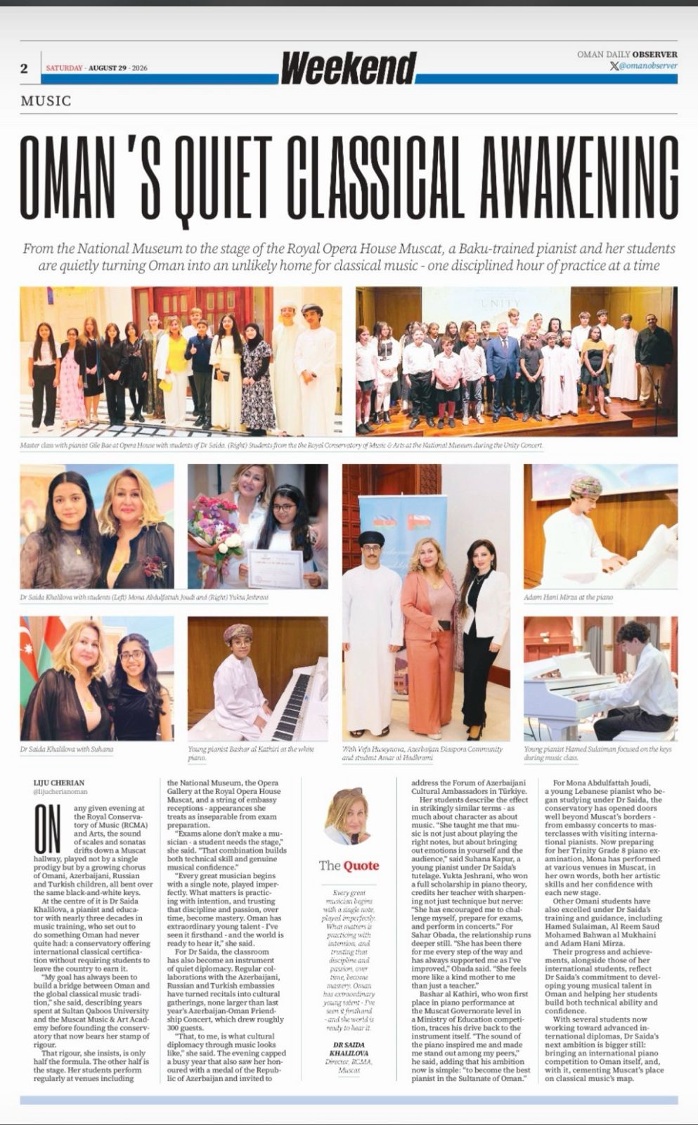 Azərbaycanlı pianoçunun fəaliyyəti Oman mediasında