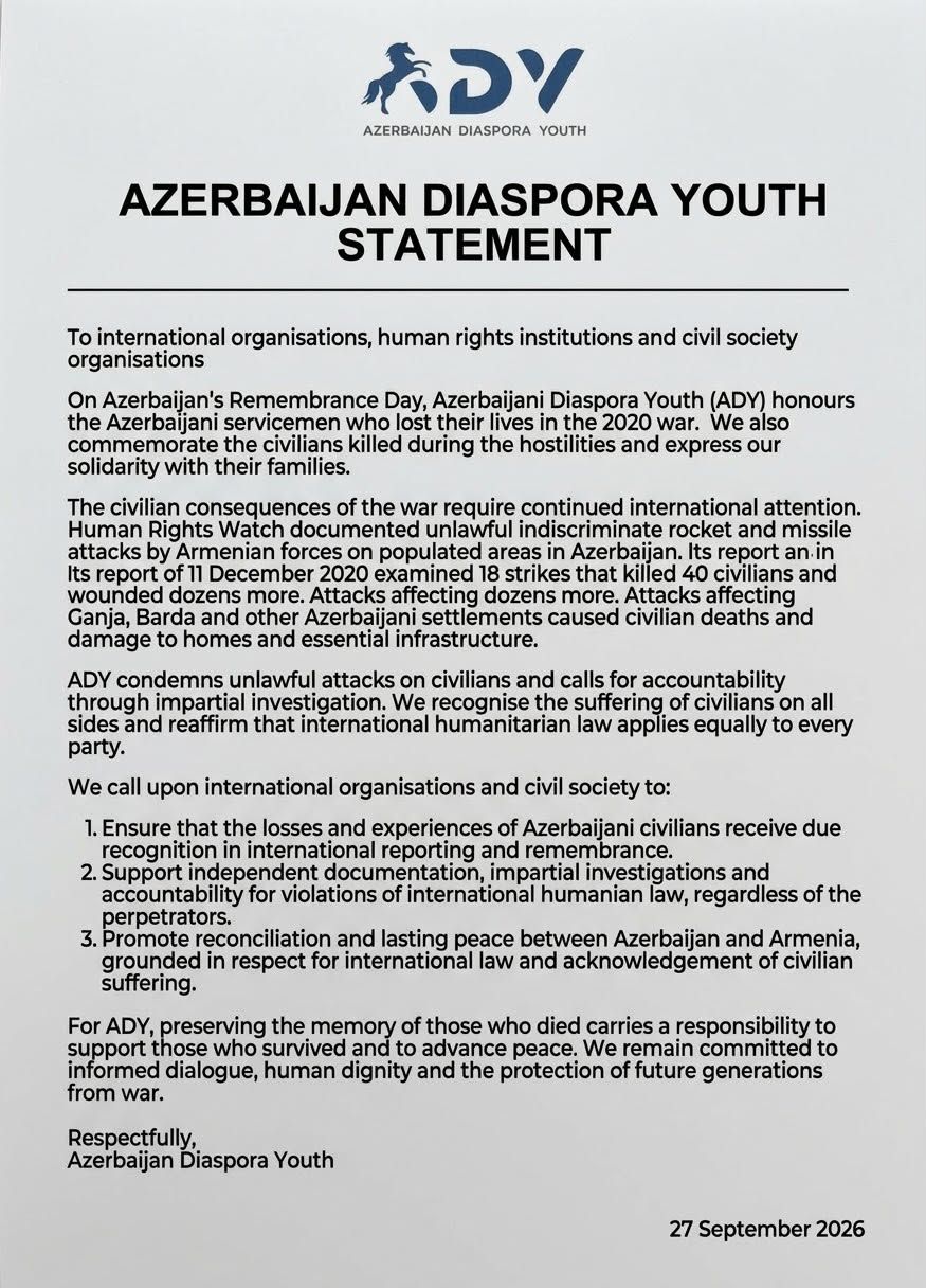 Azərbaycan Diaspor Gəncləri beynəlxalq təşkilatlara Bəyanat ünvanlayıb