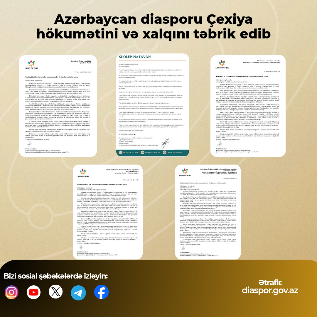 Azərbaycan diasporu Çexiya hökumətini və xalqını təbrik edib